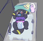 baby bodily_fluids clothed clothing desperation diaper diaper_change embarrassed female fur genital_fluids omorashi pacifier padded padding urine watersports wearing_diaper young hangyakuneko nintendo pokemon eeveelution generation_2_pokemon pokemon_(species) umbreon sketch