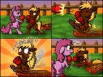 boxing boxing_gloves branding branding_iron burning butt butt_on_fire clothing cutie_mark dialogue duo female fence feral fire handwear pain screaming semi-anthro smoke speech_bubble sport text uhoh metallicumbrage friendship_is_magic hasbro my_little_pony berry_punch_(mlp) fan_character earth_pony equid equine horse mammal pony comic digital_media_(artwork)