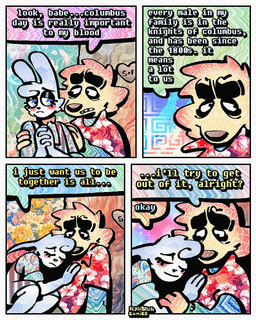 4_panel_comic aloha_shirt anthro bow_tie cheek_spots cheek_tuft clothing cuddling dialogue duo facial_tuft floppy_ears half-closed_eyes male narrowed_eyes overalls pattern_clothing pattern_shirt pattern_topwear shirt smile speech_bubble text topwear tuft wide_eyed rawdawgcomics bingus_(rawdawgcomics) stahli_(rawdawgcomics) bird_dog canid canine canis domestic_dog golden_retriever hunting_dog lagomorph leporid mammal rabbit retriever 4:5 comic english_text hi_res