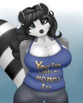 anthro big_breasts breasts cleavage clothed clothing female fur hair half-closed_eyes looking_at_viewer narrowed_eyes simple_background slightly_chubby smile solo text thick_thighs blackbetty franciene_(tango's_family) mammal procyonid raccoon 4:5 hi_res