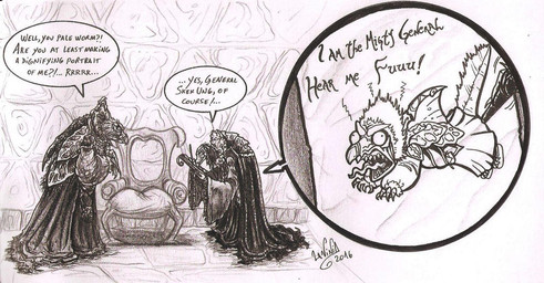 angry anthro beak clothed clothing dialogue elderly elderly_intersex fangs fully_clothed furniture gown humor inside loose_feather multi_limb ornate_furniture quill renaissance_clothing speech_bubble teeth text skekla_(artist) the_dark_crystal skekla_the_illustrator skekung_the_garthim_master alien skeksis 2016 comic english_description english_text signature herm_(lore)