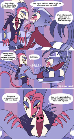 4_eyes 4_fingers anthro back_spines beak bedroom_eyes black_beak blush bodily_fluids bottomless bottomless_anthro bottomless_male bottomwear chair chest_tuft cleavage_cutout clothed clothing coat cutout desk dialogue dirty_talk duo erection eye_contact eyebrows feather_hair feather_tuft feathers fingerless_gloves fingers forehead_mark forked_tongue furniture genitals gloves glowing_pupils grey_body grey_feathers handwear heart_(marking) hoot_(sound_effect) horn imminent_oral inside keyhole_turtleneck larger_sub leg_grab licking licking_lips looking_at_another lying male male/male markings multi_eye multicolored_body narrowed_eyes office office_chair on_back onomatopoeia open_bottomwear open_clothing open_mouth open_pants open_smile pants penis profanity pseudo_hair red_body red_eyes red_penis red_sclera saliva saliva_on_face saliva_on_penis saliva_on_tongue seductive sharp_teeth size_difference smile sound_effects spade_tail speech_bubble spiked_tail spikes spikes_(anatomy) spines striped_horn striped_markings striped_tail stripes submissive submissive_anthro submissive_male sweater table tail tail_feathers tail_markings talon_hands teeth text tongue tongue_out topwear tuft turtleneck wallpaper_(decoration) wiping_mouth yellow_sclera yellow_teeth kiaxian2 hellaverse helluva_boss blitzo_(helluva_boss) stolas_(helluva_boss) avian bird demon demon_humanoid horned_humanoid humanoid imp owl owl_demon absurd_res artist_name comic english_text hi_res watermark