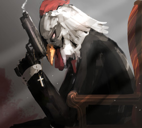 anthro chair clothing cross feathers furniture gun handgun holding_gun holding_object holding_ranged_weapon holding_weapon male pistol ranged_weapon sitting smoking_gun solo suit weapon white_body white_feathers anderhorlo cc-by-nc-nd creative_commons avian bird chicken galliform phasianid