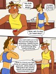 3:4 anthro blue_briefs blue_clothing blue_shirt blue_tank_top blue_topwear blue_underwear bovid bovine briefs brown_body brown_fur brown_hair bulge canid canine canis cattle clothed clothing colored_seam_underwear comic container coyote crop_top cup dialogue duo english_text fur fuze hair hi_res holding_container holding_cup holding_object kitchen male mammal midriff mond_reyes navel orange_body orange_fur pantsless shirt solo_cup tan_body tan_fur tank_top texnatsu text topwear ty_conrad underwear white_seam_briefs white_seam_underwear yellow_briefs yellow_clothing yellow_shirt yellow_tank_top yellow_topwear yellow_underwear