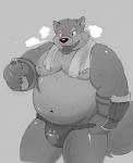 anthro asian_clothing beverage bulge clothing east_asian_clothing footprint fundoshi grey_background japanese_clothing kemono male musclegut muscular muscular_anthro muscular_male overweight overweight_anthro overweight_male pawprint simple_background slightly_chubby solo tongue tongue_out underwear kusunagi lifewonders tokyo_afterschool_summoners moritaka_(tas) canid canine canis domestic_dog mammal 2017 absurd_res greyscale hi_res monochrome