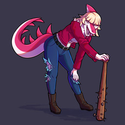 anthro baseball_bat bat_(object) bent_over blonde_hair blue_eyes bone_frill boots bottomwear breasts clothed clothed_anthro clothed_female clothing denim denim_bottomwear denim_clothing female fingers footwear frill_(anatomy) front_view furgonomics hair hand_on_knee hand_on_leg humanoid_hands jacket jeans long_hair long_tail looking_at_viewer non-mammal_breasts open_clothing open_jacket open_mouth open_smile open_topwear pants red_body red_clothing red_jacket red_topwear shirt shoes smile solo spiked_bat spiked_tail spikes spikes_(anatomy) standing tail topwear torn_bottomwear torn_clothing torn_pants white_body white_clothing white_shirt white_topwear bookbin cavemanon_studios i_wani_hug_that_gator mia_moretti dinosaur hadrosaurid ornithischian ornithopod parasaurolophus prehistoric_species reptile scalie 1:1 colored hi_res shaded
