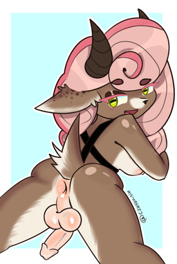 anthro anus big_breasts breasts brown_body butt genitals gynomorph horn intersex looking_at_viewer presenting presenting_anus raised_tail simple_background solo tail c2h5oh_sin bovid caprine goat mammal hi_res