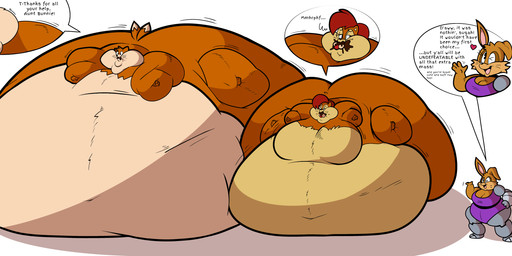 2_tails anthro belly big_belly brown_body brown_fur clothing cybernetics dialogue dipstick_tail fat_face fat_folds fat_rolls female floating_heart fur group heart_symbol huge_belly hyper hyper_belly immobile immobilization leotard machine male markings mechanical_arm mechanical_leg messy morbidly_obese morbidly_obese_anthro morbidly_obese_female morbidly_obese_male multi_tail obese obese_anthro obese_female obese_male orange_body orange_fur overstuffed overweight overweight_anthro overweight_female overweight_male pink_inner_ear purple_clothing purple_leotard speech_bubble tail tail_markings text trio weight_gain white_belly white_body white_face white_fur white_tail_tip yellow_body yellow_fur floofyboyetime sega sonic_the_hedgehog_(series) bunnie_rabbot miles_prower sally_acorn canid canine chipmunk cyborg fox ground_squirrel hybrid lagomorph leporid mammal rabbit rodent sciurid tree_squirrel absurd_res english_text hi_res