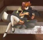 ankle_strap_heels anthro assault_rifle biped black_clothing black_footwear black_high_heels blue_eyes bottomwear clothed clothing digital_media_(artwork) domestic_cat felid feline felis female footwear garter_straps gun hair high_heels iskra legwear mammal orange_hair panties pumps ranged_weapon rifle shaded shoes sitting skirt solo stockings underwear vera_(iskra) weapon xm8