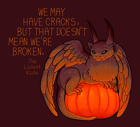 ambiguous_gender black_eyes brown_background cracked cracks fangs feral food fruit horn orange_text plant positive_message pumpkin rock sculpture simple_background smile solo statue tail teeth text wings the_latest_kate animate_inanimate elemental_creature gargoyle living_statue mineral_fauna rock_creature english_text signature