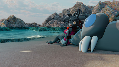 anthro beach bikini bikini_bottom bikini_top clothing female one_eye_closed solo swimwear two-piece_swimsuit water wink flarethelazy exar_(flarethelazy) canid canine hybrid lagomorph mammal mole_(disambiguation) absurd_res hi_res