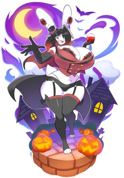 anthro armwear bell bell_collar big_breasts black_armwear black_clothing black_elbow_gloves black_gloves black_hair black_handwear black_legwear black_thigh_highs bra bra_peek breasts bulge cleavage clothed clothed_anthro clothed_gynomorph clothing collar container crescent_moon crotch_tuft cup drinking_glass elbow_gloves eyebrow_through_hair eyebrows fangs fur glass glass_container glass_cup gloves gynomorph hair handwear holidays huge_breasts inner_ear_fluff intersex jack-o'-lantern jingle_bell jingle_bell_collar legwear long_ears mini_top_hat moon multicolored_hair navel one_eye_obstructed one_leg_up open_mouth open_smile raised_leg red_hair scut_tail short_tail smile solo tail teeth thigh_highs tombstone translucent translucent_hair tuft two_tone_hair underwear white_body white_fur wine_glass theycallhimcake halloween pb_(theycallhimcake) ambient_bat lagomorph leporid mallkin mammal rabbit vampire 2025 digital_drawing_(artwork) digital_media_(artwork) hi_res signature busty_boy_(lore) male_(lore)