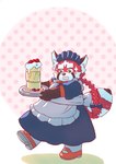 anthro blush braided_hair braided_ponytail cake clothed clothing crossdressing dessert food fur hair maid_uniform male ponytail red_body red_fur slightly_chubby solo uniform young young_anthro kusarikakemono lifewonders tokyo_afterschool_summoners zhurong_(tas) ailurid mammal red_panda hi_res