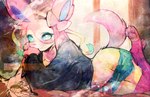 anthro blue_eyes bow_(feature) bow_ribbon clothed clothing duo female fur hair heart_eyes heart_symbol long_hair solo_focus tail thwillartz nintendo pokemon hector_(thwillarts) vince_(thwillartz) eeveelution generation_6_pokemon mammal pokemon_(species) sylveon hi_res