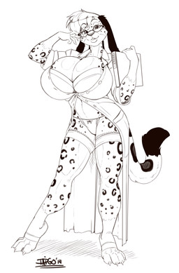 anthro big_breasts biped book breasts cleavage clothed clothing coat eyewear female glasses hair holding_book holding_object huge_breasts lab_coat looking_at_viewer panties pose smile smiling_at_viewer solo text topwear underwear daigo carmin domestic_rabbit felid hybrid lagomorph leopard leporid lop_rabbit mammal oryctolagus pantherine rabbit 2014 black_and_white english_text full-length_portrait hi_res monochrome portrait