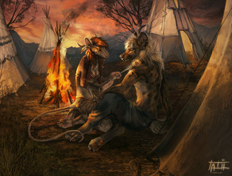 anthro bottomwear braiding breasts campfire claws cleavage clothed clothing detailed_background digitigrade duo facial_piercing female fire inner_ear_fluff male midriff nose_piercing nose_ring notched_ear outside pants pawpads piercing ring_piercing sitting sunset teepee tent toe_claws toothy_grin topless tuft tatiilange hyena mammal murid murine rat rodent spotted_hyena 2016 hi_res