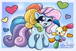 anthro duo female feral flower hair heart_eyes heart_symbol one_eye_closed plant ponytail smile wink punmania hasbro mlp_g3 mlp_g3.5 my_little_pony my_little_pony_(2009) sanrio rainbow_dash_(g3) usahana earth_pony equid equine horse lagomorph leporid mammal pony rabbit colorful_theme crossover hi_res