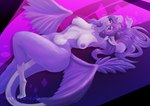 5_fingers abstract_background anthro breasts ear_piercing ear_ring feet female fingers fur hair horn long_hair looking_at_viewer nipples nude piercing pink_eyes purple_body purple_fur purring ring_piercing smile solo tail toes whiskers wings joxy_celestar mythology dragon hybrid mythological_creature mythological_scalie scalie 2025 absurd_res digital_media_(artwork) hi_res signature