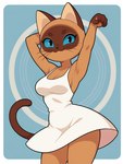 anthro arms_above_head blue_background blue_eyes brown_ears brown_face brown_tail clothing dress female feminine_pose looking_at_viewer simple_background smile solo tail white_clothing white_dress kitten_named_woof soyuzmultfilm gav_(kitten_named_woof) domestic_cat felid feline felis mammal