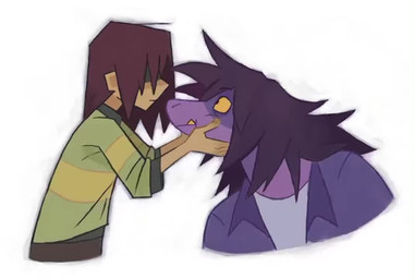 ambiguous_gender anthro brown_hair clothing duo female female/ambiguous hair human_on_anthro interspecies purple_body purple_skin shirt simple_background topwear white_background yellow_sclera alisa_agabekova deltarune undertale_(series) kris_dreemurr susie_(deltarune) human mammal scalie 2025 2d_animation animated frame_by_frame no_sound short_playtime video