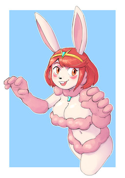 alternate_species anthro biped blue_background bob_cut border breasts buckteeth cleavage clothed clothing crown facial_markings female fur furrification hair head_markings headgear looking_at_viewer markings midriff naturally_censored navel neck_tuft open_mouth open_smile pink_body pink_fur red_eyes red_hair simple_background smile solo teeth three-quarter_view tiara tongue tuft white_body white_border white_fur subakitsu xenoblade_(series) pyra_(xenoblade) lagomorph leporid mammal rabbit 2020 digital_drawing_(artwork) digital_media_(artwork) portrait three-quarter_portrait