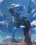 atmospheric_perspective city cloud floating_limbs gargantuan machine mountain not_furry scenery sky skyscape solo inzvy_(artist) robot