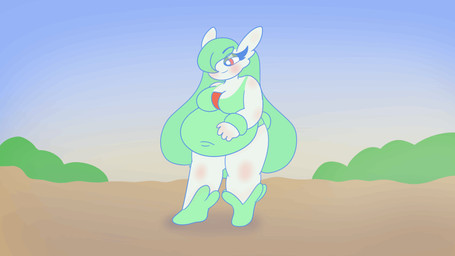 abdominal_bulge anthro anthrofied belly big_belly breasts female fusion green_body green_hair hair lying navel navel_piercing obese on_front overweight piercing pokemon_fusion red_eyes solo weight_gain weights white_body startlin nintendo pokemon gardevoir generation_3_pokemon generation_4_pokemon hybrid hybrid_pokemon lopunny pokemon_(species) 16:9 animated animated_gif hi_res loop short_playtime widescreen