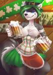 alcohol anthro apron barmaid beer belt beverage black_nose blue_eyes bra breasts cleavage clothed clothing clover_(plant) female front_view green_hair hair hat headgear headwear heart_(marking) holidays markings photo plant solo tall_hat underwear wall_art diaminerre st._patrick's_day droop canid canine canis domestic_dog husky mammal nordic_sled_dog spitz digital_media_(artwork) hi_res portrait three-quarter_portrait