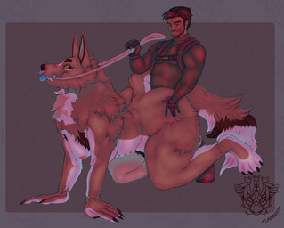all_fours anthro bridle cheek_tuft chest_tuft claws duo facial_piercing facial_tuft fangs female finger_claws fluffy fluffy_tail larger_female male male/female multi_nipple neck_tuft nipples nose_piercing nose_ring piercing reins ring_piercing scar size_difference smaller_male tail teeth toe_claws tongue tongue_out tuft flabberd mythology canid canine canis human mammal mythological_canine mythological_creature werecanid werecanine werecreature werewolf wolf