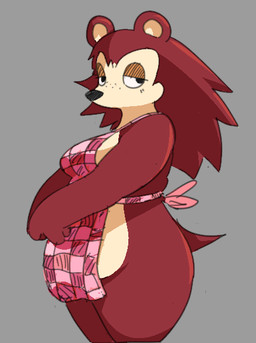 anthro apron apron_only belly big_breasts black_eyes black_nose breasts brown_body brown_fur brown_hair clothing female freckled_face freckles fur grey_background hair half-closed_eyes hands_together looking_aside mouthless narrowed_eyes pattern_apron pattern_clothing pink_apron pink_clothing plaid plaid_apron plaid_clothing quill_hair short_tail side_view simple_background slightly_chubby slightly_chubby_anthro slightly_chubby_female snout solo tail tan_belly tan_body tan_face dimpindot animal_crossing nintendo sable_able eulipotyphlan hedgehog mammal 2026 portrait sketch three-quarter_portrait