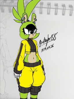 anthro bottomwear clothing crop_top ear_piercing female footwear freckles fur gloves green_body green_fur hair handwear jacket midriff multicolored_body multicolored_fur navel pants piercing ponytail ring shirt socks solo teal_eyes topwear two_tone_body two_tone_fur justtaylor idw_publishing sega sonic_the_hedgehog_(comics) sonic_the_hedgehog_(idw) sonic_the_hedgehog_(series) surge_the_tenrec afrosoricid mammal tenrec 2026 3:4 dated flat_colors hi_res signature