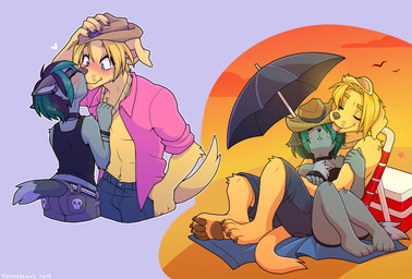 alternative_fashion anthro barefoot beach beach_chair beach_towel beach_umbrella belt black_hair black_nose blonde_hair blue_eyes blush blushing_profusely bottomwear chair clothed clothing collar cowboy_hat cuddling denim denim_bottomwear denim_clothing duo emo eyes_closed feet female floppy_ears fur furniture green_hair grey_body grey_fur hair hat headgear headwear heart_symbol highlights_(coloring) jeans kiss_on_lips kissing larger_male love male male/female open_clothing open_shirt open_topwear pants parasol paws romantic romantic_couple sand shirt short_tail shorts size_difference sleeping sleeping_on_partner sleeping_together smaller_female snout sunset tail tank_top tongue tongue_out topless topwear towel whiskers yellow_body yellow_fur xiamtheferret cartoon_network teletoon total_drama geoff_(total_drama) gwen_(total_drama) canid canine canis domestic_cat domestic_dog felid feline felis mammal 2019 hi_res warm_colors