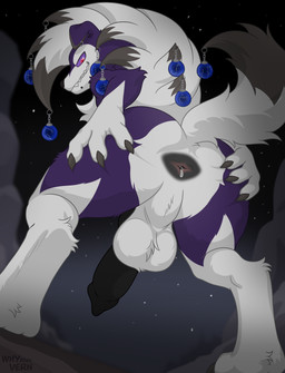 animal_genitalia animal_penis anthro anus balls canine_genitalia canine_penis claws fur genitals looking_back low-angle_view male penis purple_body sex smile solo white_body white_fur whyvern nintendo pokemon canid canine generation_7_pokemon lycanroc mammal midnight_lycanroc pokemon_(species) absurd_res hi_res