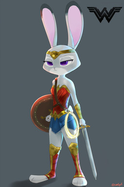 anthro armor clothed clothing cosplay crossover_cosplay dipstick_ears ear_markings fully_clothed fur grey_background grey_body grey_fur holding_object holding_weapon light melee_weapon multicolored_ears purple_eyes shield short simple_background solo standing sword toeless_legwear weapon swetpot disney zootopia judy_hopps wonder_woman european_rabbit lagomorph leporid mammal oryctolagus rabbit 2017 crossover hi_res lighting unavailable_at_source