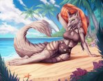 anthro athletic athletic_anthro athletic_female beach breasts clothing digitigrade female fur pose seaside solo striped_body striped_fur stripes swimwear tail white_body white_fur frevilisk nairshea_avjenthreazthr sergal pinup herm_(lore)