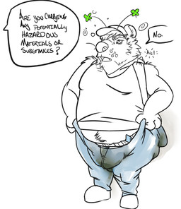 antennae_(anatomy) anthro backpack belly big_belly bubble clothing dialogue diaper dishonesty drunk drunk_bubble duo feces male offscreen_character scatplay simple_background soiled_diaper soiling solo solo_focus substance_intoxication text unclean_diaper used_diaper brickoven bear mammal digital_media_(artwork) english_text hi_res