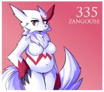 anthro anthrofied big_breasts breasts cheek_tuft chest_tuft facial_tuft featureless_breasts featureless_crotch female fur hand_on_hip markings navel neck_tuft nude pink_eyes pokemorph red_body red_fur red_markings red_nose simple_background slightly_chubby solo thick_thighs tuft white_body white_fur wide_hips inget nintendo pokemon generation_3_pokemon mammal pokemon_(species) zangoose digital_media_(artwork) hi_res