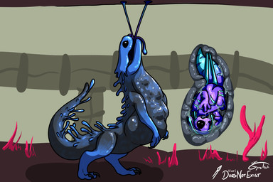 abdominal_bulge ambiguous_gender antennae_(anatomy) anthro anthro_prey back_tentacles biped blue_body blue_markings bodily_fluids dipstick_tail dipstick_tentacles feral feral_pred internal markings neck_bulge oral_vore organs purple_body stomach stomach_acid striped_markings stripes tail tail_markings tentacles vore whiskers doesnotexist gyrotech rain_world videocult yoku_(gyrotech) lizard_(rain_world) slugcat 3:2 hi_res