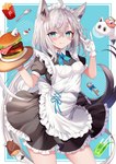 apron black_clothing black_dress blue_clothing blue_eyes blush breasts burger clothed clothing cutlery dress female food fork fries frilly frilly_apron frilly_clothing frilly_dress frilly_headwear fur gloves grey_body grey_ears grey_fur grey_hair hair handwear headgear headwear kitchen_utensils maid_uniform meat monotone_clothing monotone_gloves monotone_handwear multicolored_clothing multicolored_dress solo tools uniform white_apron white_clothing white_dress white_gloves white_handwear retsuto hololive vtuber shirakami_fubuki animal_humanoid canid canid_humanoid canine canine_humanoid fox_humanoid humanoid mammal mammal_humanoid 2022 hi_res