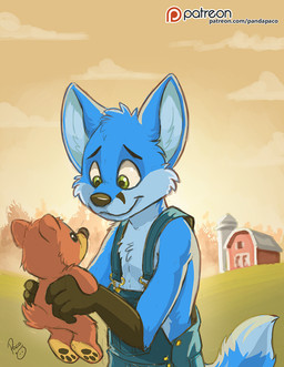 anthro blue_body blue_clothing blue_fur blue_overalls cheek_tuft closed_smile clothed clothing facial_tuft fur glistening glistening_eyes green_eyes head_tuft holding_object holding_plushie male mouth_closed outside overalls plushie smile solo standing teddy_bear tuft young young_anthro young_male pandapaco canid canine fox mammal
