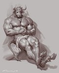 abs anthro biceps big_muscles convenient_censorship deltoids eyes_closed fur grey_background hair hooves horn male muscular muscular_anthro muscular_male nipples nude painterly pecs shadow simple_background sitting sleeping solo towel towel_on_lap towel_only tuft vein taran_fiddler bovid bovine cattle mammal 2023 4:5 greyscale hi_res monochrome signature