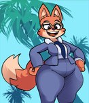 anthro bottomwear breasts cheek_tuft clothed clothed_anthro clothed_female clothing dipstick_tail eyelashes eyewear facial_tuft female female_anthro front_view fur glasses hands_on_hips markings necktie open_mouth open_smile orange_body orange_ears orange_fur orange_tail palm_tree pants plant round_glasses shirt smile solo suit tail tail_markings teeth topwear tree tuft wearing_glasses wide_hipped_female wide_hipped_humanoid wide_hips cloudidoodles dreamworks the_bad_guys diane_foxington canid canine fox mammal 2022 absurd_res digital_drawing_(artwork) digital_media_(artwork) hi_res portrait three-quarter_portrait