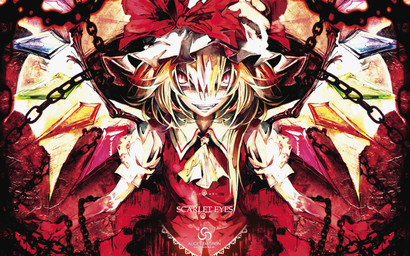 alternative_fashion bonnet clothing evil_grin female goth gothic_lolita grin headgear headwear j-fashion lolita_(fashion) nightmare_fuel not_furry pupils red_eyes slit_pupils smile solo banpai_akira touhou flandre_scarlet undead vampire 16:10 hi_res widescreen