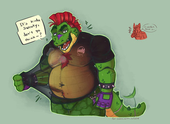 anthro belly belly_hair big_belly body_hair bulge chest_hair clothing duo hair machine male male/male musclegut muscular nipples pecs red_hair solo_focus translucent translucent_clothing leoborkwell five_nights_at_freddy's five_nights_at_freddy's:_security_breach scottgames steel_wool_studios foxy_(fnaf) montgomery_gator alligator alligatorid animatronic canid canine crocodilian fox mammal reptile robot scalie