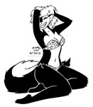 2024 anthro bikini black_and_white clothing ear_piercing ear_ring female fur hair hi_res kelly_o'dor mammal mephitid monochrome navel piercing ring_piercing skunk smile solo swimwear tail tegerio two-piece_swimsuit zandar's_saga