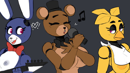 anthro beak bib big_breasts blue_body bow_tie breasts brown_body buckteeth clothing crossgender electric_guitar electronics exclamation_point eyebrows eyelashes eyes_closed female fingers freckles group guitar hat headgear headwear heart_symbol holding_object machine microphone mtf_crossgender musical_instrument musical_note musical_symbol nipples open_mouth outline pink_eyes plucked_string_instrument simple_background singing smile string_instrument symbol teeth top_hat trio yellow_body zhenai five_nights_at_freddy's scottgames bonnie_(fnaf) chica_(fnaf) freddy_(fnaf) animatronic avian bear bird chicken galliform lagomorph leporid mammal phasianid rabbit robot 2021 digital_media_(artwork)