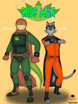 anthro armor belt biped boots boxing_gloves cape clothed clothing duo footwear fur gear gloves green_body handwear inspired knee_pads logo male mask poster shoes superhero text tight_clothing title eric_xoring brok_the_investigator cowcat_games brok_(brok_the_investigator) graff_filsh alligator alligatorid crocodile crocodilian domestic_cat felid feline felis mammal reptile scalie cover cover_art digital_media_(artwork) english_text hi_res