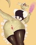 anthro anus big_butt biped black_clothing black_legwear black_thigh_highs bottomwear butt butt_focus clothing female green_body green_scales horn humanoid_vulva legwear licking licking_lips long_tail looking_at_viewer looking_down low-angle_view maid_uniform presenting presenting_hindquarters presenting_vulva rear_view red_sclera scales simple_background skirt smile solo spiked_tail spikes spikes_(anatomy) tail text thick_thighs thigh_highs tongue tongue_out uniform yellow_background yellow_eyes higgington microsoft the_elder_scrolls the_lusty_argonian_maid argonian scalie 2023 4:5 artist_name colored portrait three-quarter_portrait