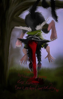 ambiguous_gender anthro blood bodily_fluids dark feral forest plant solo tree plaksapisya domestic_cat felid feline felis mammal hi_res