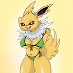 anthro anthrofied big_breasts bikini breasts clothing female fluffy fluffy_tail long_ears neck_tuft pokemorph solo swimwear tail thick_thighs tuft two-piece_swimsuit poraka7 nintendo pokemon eeveelution generation_1_pokemon jolteon pokemon_(species) 1:1